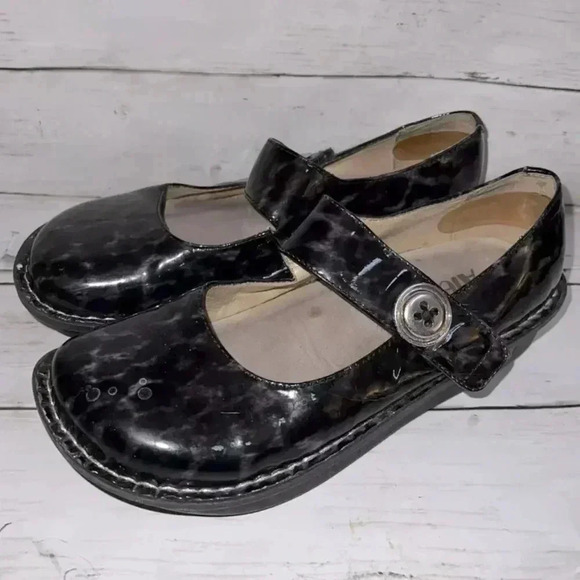 Alegria Paloma Black Cheetah Patent Leather Mary Jane Shoes Size 37 Clogs - Picture 1 of 6